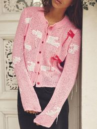 Women's Knits 2024 Autumn Long-sleeved Round-neck Sweater With Embroidery Pattern And Chic Pink Short For Girls Clothing Cardigan