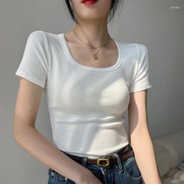 Women's T Shirts White Stretch Ribbed T-shirt Women 2024 Summer Vintage Square Collar Short Sleeve Tshirt Corset Y2k Casual Solid Colour Slim
