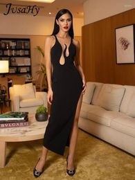 Casual Dresses JusaHy Women Autumn 2024 Y2K Black Elegant Sexy Party Mesh Patchwork Tank Dress Crew Neck Fit&Flare Hem Slitted Long Skirt