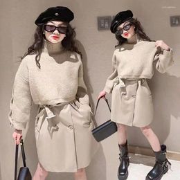 Jackets Girls' High Neck Sweater Set Spring And Autumn Children's Temperament Long Sleeve Tank Top Dress 2 Piece Coat