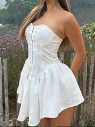 Casual Dresses Kimydreama Women S Summer Strapless Mini Dress Solid Colour Off Shoulder Front Central Clasp Corset Short Tube