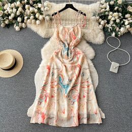 Casual Dresses 2024 Summer Beach Backless Slip Dress Sleeveless Print Hollow Out Chiffon Long Elegant Sexy Club Evening Party