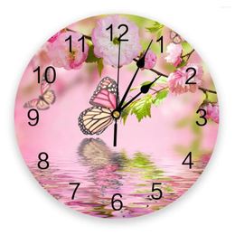Wall Clocks Butterfly Water Wave Pink Flower Round Clock Hanging Silent Time Home Interior Bedroom Living Room Office Decor