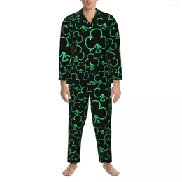 Men's Sleepwear Cool Neon Shamrock Pajama Sets Leaves Print Cute Men Long Sleeve Casual Leisure Two Piece Nightwear Big Size XL 2XL