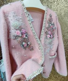 Women's Knits Luxury Style Flower Beaded Stitch Knitwear Faux Fur Cardigan Coat For Women V-neck Loose Pink Sweater Outwear Jacket