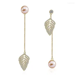 Dangle Earrings 2024 Fashion Long Section Drop Gold Colour Copper Zircon Leaves Pearl Design Style Personality Ladies Jewellery Gift