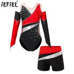 Stage Wear Kids Girls Long Sleeve Ballet Jersey Dance Costumes For Figure Skating Shiny Rhinestone Off-shoulder Leotards With Shorts