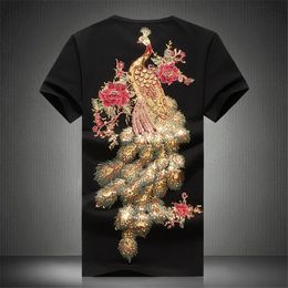 Chinese Style Embroidery Sequins Peacock Short Sleeve T Shirt Men Summer Quality Cotton Fashion Slim Luxury Camisetas M-5XL 240223