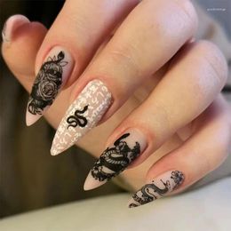 False Nails 24p/Box Long Ballet Acrylic Press On Set Gothic Armor Dark Serpentine Flower Nail Fashion Retro Removable