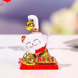 Cute Lucky Cat Solar Powere Wealth Waving Hand Fortune Welcome Long Tail Sculpture Statue Decoration Car Ornament 240220