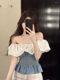 Women's Blouses Korejepo Denim Top Retro Lapel Collar Chiffon Splice Sexy Style Blouse Age Reducing Off Shoulder Waist 2024 Summer Chic