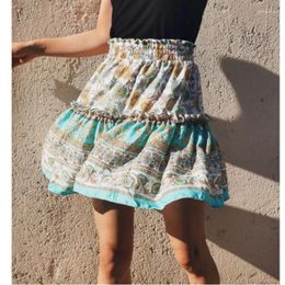 Skirts 2024 Women's Printed Short Skirt Bohemian National Style Lotus Leaf Girls' Daily Leisure Maxi Dress Jujube Sky Blue