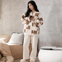 Women's Sleepwear Fall Winter Coral Fleece Pyjamas Add To Thicken Flannel Fallow Sweet Can Worn Outside Two-piece Home Set Women