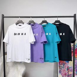 2024 Men's T-shirt designer European and American casual summer letter print pattern pure cotton round neck crack hole short sleeved loose fitting clothing US size XS-L