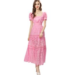 Women's Runway Dresses Square Neckline Short Sleeves Embroidery Hollow Out Fashion Elegant Party Vestidos