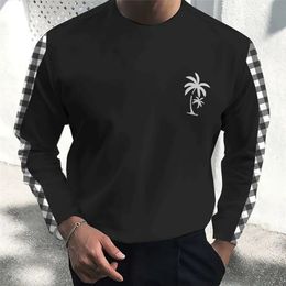 Plaid TShirt Cotton Mens Fall Clothing Coconut Tree Graphic Apparel Streetwear Oversized Long Sleeve Tops Male Shirt Tees 240219