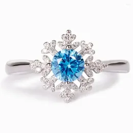 Cluster Rings 925 Silver Sterling Snowflake With Blue & Clear Zircon For Women Engagement Wedding Bands Fine Jewelry
