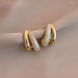 Stud Earrings Korean Minimalist Oil Dropping Metal Double-layer Three-dimensional Geometric Fashion Women Jewellery Gifts