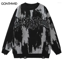 Men's Sweaters Hip Hop Ripped Grunge Y2K Vintage Knitted Punk Gothic Streetwear Jumpers Men Women Harajuku Fashion Pullover