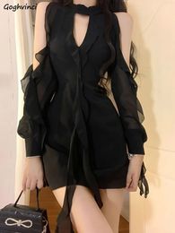 Black Dresses Women Sexy Hollow Out Female Casual Temperament Spring Off Shoulder Korean Style Solid sweet Empire Fashion 240219