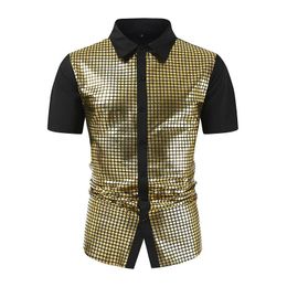 #4661 Summer Sequined Shirt Men Short Sleeve Split Joint Bright Surface Cosplay Singer Mens Shirts Streetwear Hip Hop Shirt 240223