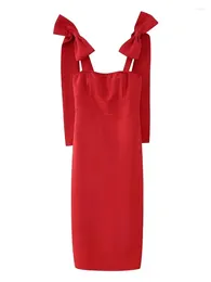 Casual Dresses Ladies Fashion Back Zipper Slash Neck Spring Party Elegant Bow Spaghetti Strap Red Straight Womens Summer Long Dress