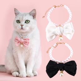 Dog Collars Korea Ins Cute Pearl Pet Neck Accessories For Cat Puppy Small Diamond Bow Handmade Necklace Velvet Birthday Pink Collar