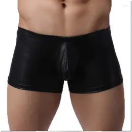 Underpants Sexy Gay Underwear Men Boxers Shorts Mesh Faux Leather Panties Man Low Waist U Convex Pouch Cueca Masculina Black S-L