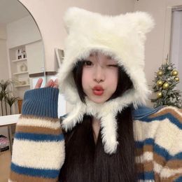 Berets Korean Autumn And Winter Plush Cute Bear Beanie Hat Women's Versatile Thermal Lace-up Solid Colour Soft Bomber Hats Gorras