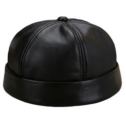 Men Genuine Leather Skullcap,Sailor Cap Hat,Retro Rolled Cuff Brimless Cap 22102