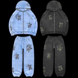 Men's Hoodies Sweatshirts New Couple Street Hoodie Embroidered Zipper Bear Pattern Hoodie Design Sense Set H5zh