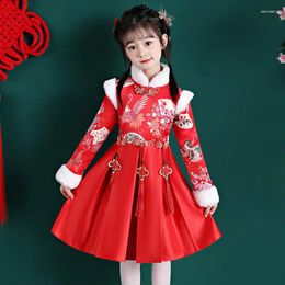 Girl Dresses Children's Spring And Autumn Winter Clothing Hanfu Ancient Costume Plus Cotton Dress Baby Tang Suit Red