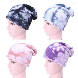 Berets Women Men Hip Hop Stretchy Knitted Slouchy Beanie Hat Tie-Dye Printed Winter Windproof Warm Baggy Skull Cap