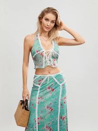 Work Dresses Wsevypo Green Floral 2Pieces Dress Sets Women's Summer Party Streetwear Suits Sleeveless Tie-up Halter Backless Vest Long Skirt