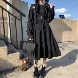 Casual Dresses Spring Autumn Japanese Short Sleeved Black Dress Vintage French Korean Loose Wrinkled Temperament A-line Lolita Y2k