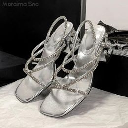 Sandals Rhinestone Silver Thin Strap One Word Square Toe Crystal Roots Sexy Fashion High Heel Women's Shoes