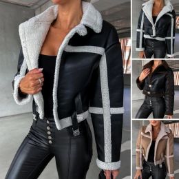 Jackets Women Short Jacket Coats Faux Leather Jacket Plush Long Sleeve Cardigan Cropped Hatless Coat Ladies Vintage Motorcycle Outerwear