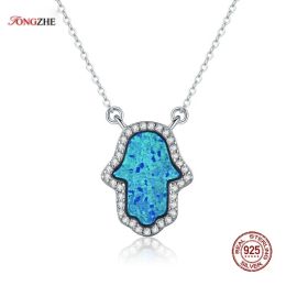 Necklaces TONGZHE Luxury Synthetic Opal Hamsa Hand Pendant Necklace Sterling Silver 925 Jewelry Necklace Women Cable Chain 16"+2" Extender
