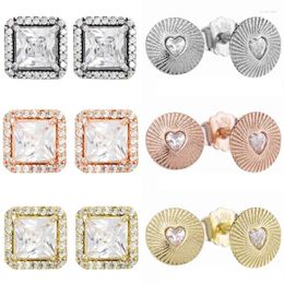 Stud Earrings Original 925 Sterling Silver Rose Vintage Fans Round Timeless Elegance With Crystal For Women Jewelry