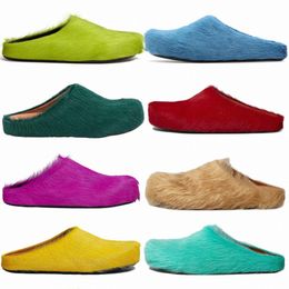 Fussbett Sabot Long Calf Hair Leather Calfskin Fur Slide Slipper Loafers Men Women Black White Orange Blue Green Red Khaki Furry Slippers