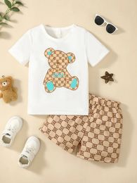 2PCS Childrens and Boys Clothing Set Bear Pattern Short sleeved T-shirt+Wave Dot Short sleeved Fashion Summer Casual Clothing Childrens and Boys 4-7 Years Old 240225
