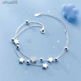 Beaded VENTFILLE 925 Stamp Silver Color Star Bracelet Fashion Korean Five-pointed Stars Crystal Double Bracelet Dropshipping Wholesale YQ240226