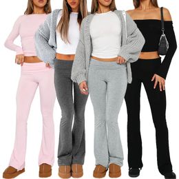 Calças femininas sólidas, justas, cintura alta, streetwear, casual, flare, roupas femininas, comprimento total, calças capris, calças cortadas, atacado, 5 peças