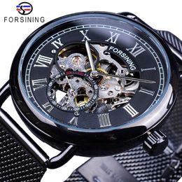 Forsining Classic Black Silver Skeleton Clock Mesh Band Design Waterproof Men's Mechanical Watches Top Brand Luxury Montre Ho241G