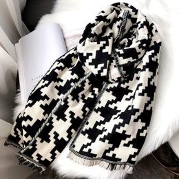 Scarves Black White Plaid Soft Cotton Long Scarf Women Winter Thick Warm Lady Cashmere Houndstooth Shawl Tassel2588