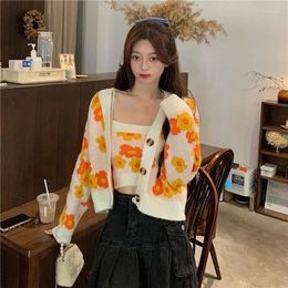 Work Dresses Two Piece Set For Sweater Women 2024 Hong Kong Long Sleeve V Neck Retro Chic Flower Short Cardigan Knitted Sling Female