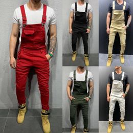 Men's Jeans Women Rompers Washing Ankle Length Overalls Pencil Pants One Piece High Street Pockets Spliced Solid Slight Strech