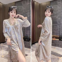 Sleepwear Women's Golden Veet Pamas Women Long Sleeves Nightgowns Winter 2024 Fashion Sexy Nightdress Lace V-Neck Sleepshirts