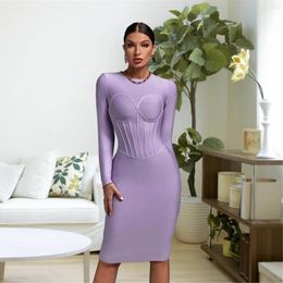 Casual Dresses HQBORY 2024 Winter Women Mid-length Bandage Dress Light Purple Ladies Long Sleeve Elegant O-neck Party Bodycon