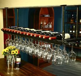 Vintage Bronzed Black Iron Metal Casting Ceiling Hang Upside Down Wine Goblet Holders Tall Glasses Bottle Storage Bar Pub Racks3102548